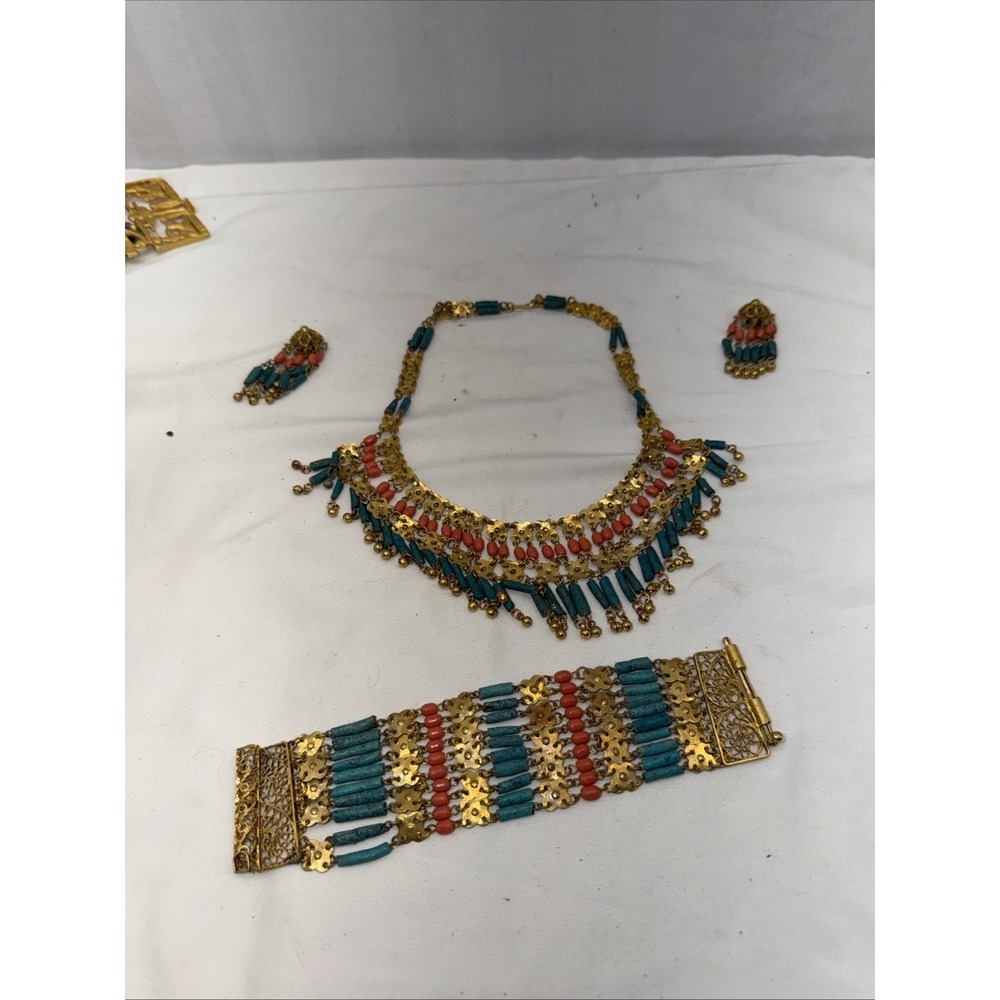 Vintage 1920s Egyptian Revival Brass & Faience Bead Necklace & Earrings Set &